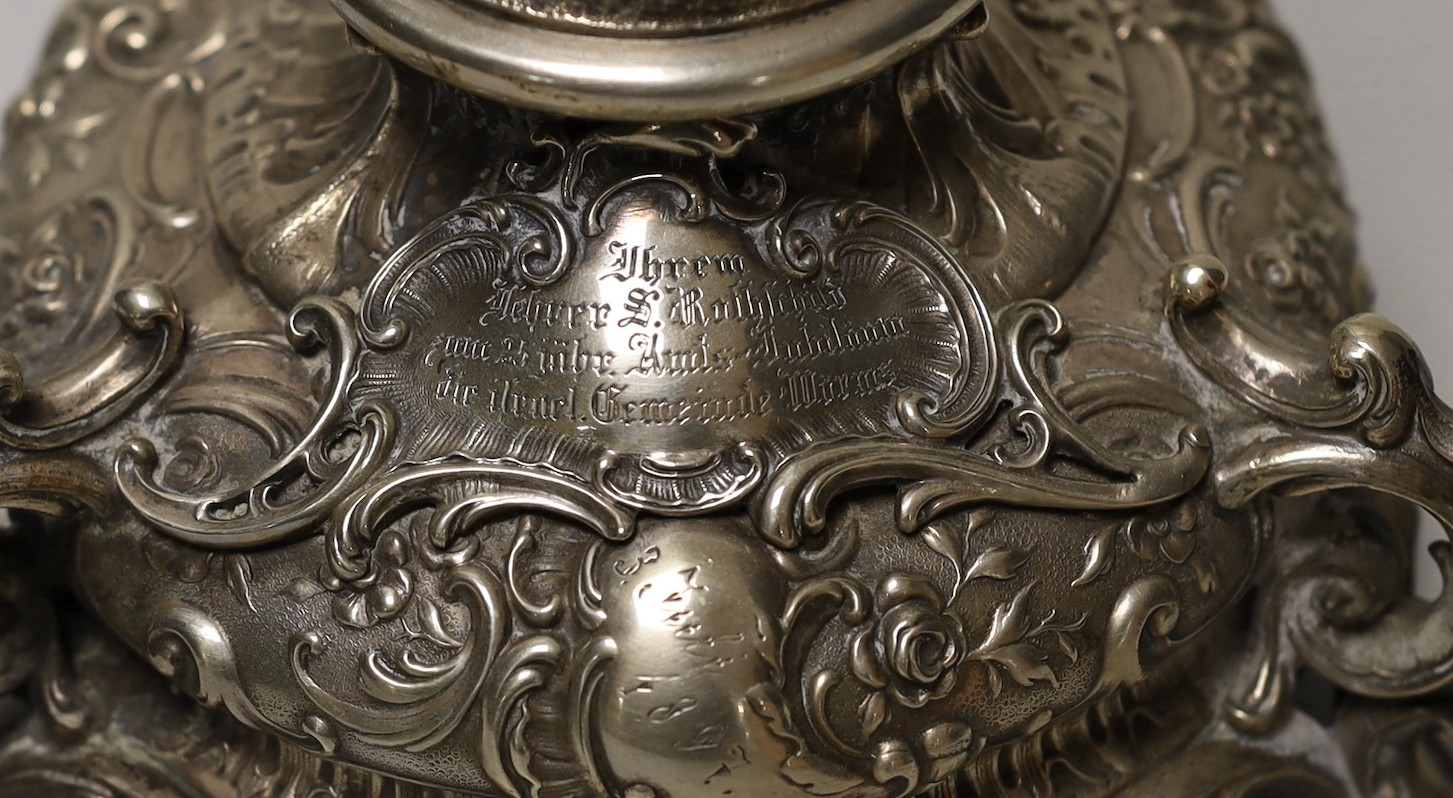 A late 19th century German 800 standard figural table lamp base, by Bruckmann & Sohne, height 37cm, gross weight 27.9oz.